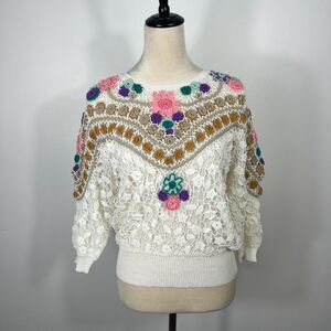 VTG Open Knit Crochet Sweater Medium Sheer Floral Cottage 80s Feminine Whimsical